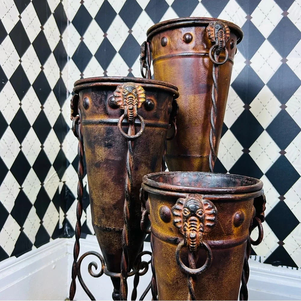 Primitive-Modern Sculptural Floor Vessels Totemic Metal Forms on Forged Stands‎ - Picture 8 of 17